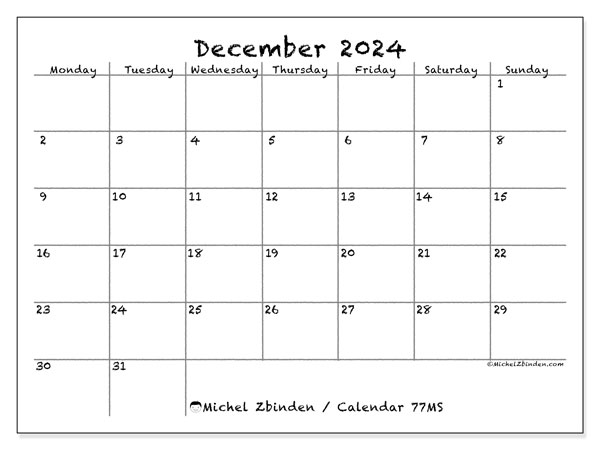 Calendar December 2024, 77SS. Free printable program.