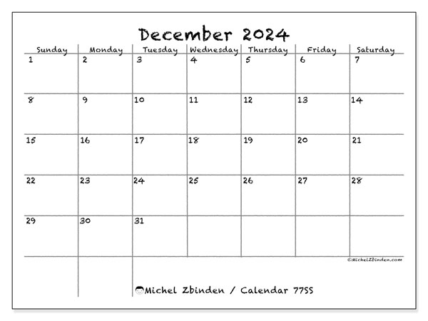 77SS, calendar December 2024, to print, free of charge.