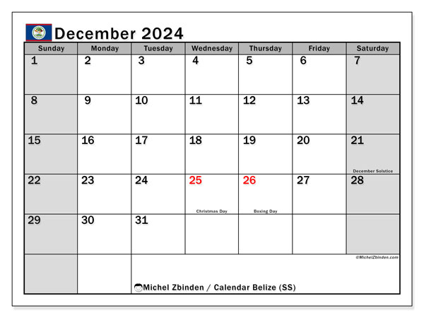 Kalender Dezember 2024 “Belize”. Plan zum Ausdrucken kostenlos.. Sonntag bis Samstag