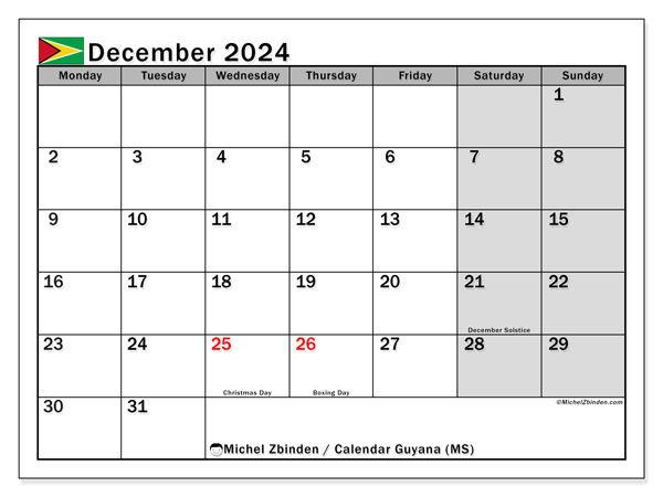 Calendário Dezembro 2024 “Guiana”. Horário gratuito para impressão.. Segunda a domingo
