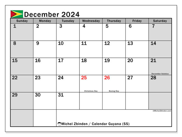 Calendário Dezembro 2024 “Guiana”. Horário gratuito para impressão.. Domingo a Sábado