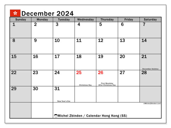 Hong Kong (SS), calendar December 2024, to print, free of charge.