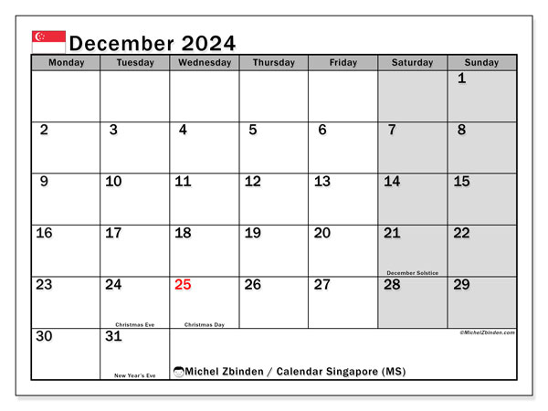 Kalendarz grudzień 2024 “Singapur”. Darmowy plan do druku.. Od poniedziałku do niedzieli