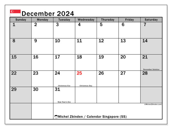 Kalendarz grudzień 2024 “Singapur”. Darmowy plan do druku.. Od niedzieli do soboty
