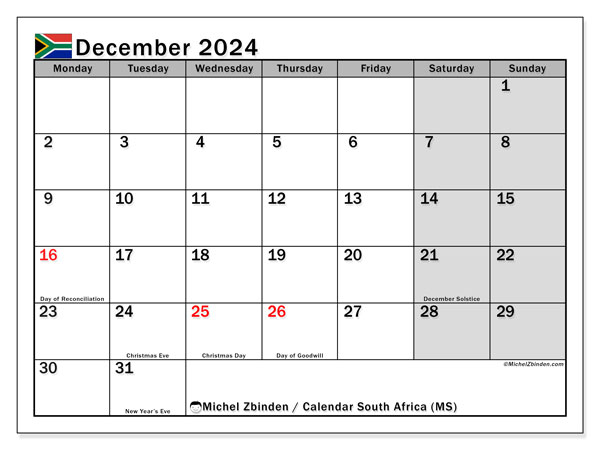 Calendário Dezembro 2024 “África do Sul”. Horário gratuito para impressão.. Segunda a domingo