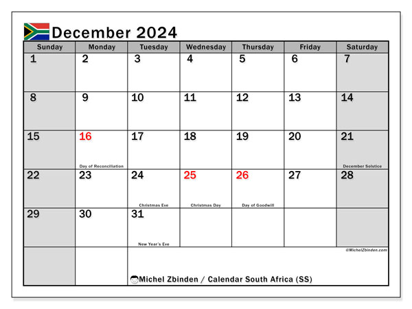 Calendário Dezembro 2024 “África do Sul”. Horário gratuito para impressão.. Domingo a Sábado