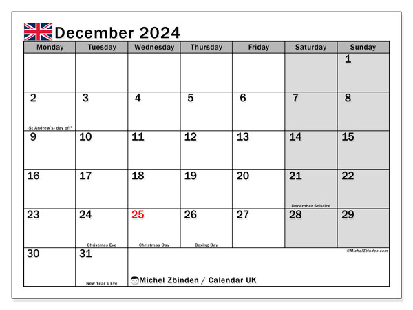 Printable calendar, December 2024, United Kingdom
