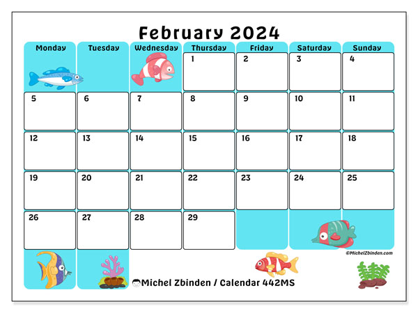 Calendar February 2024 “442”. Free printable plan.. Monday to Sunday