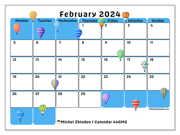 Calendar February 2024, 446SS. Free printable plan.