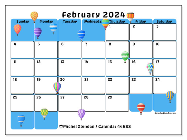 Calendar February 2024 “446”. Free printable calendar.. Sunday to Saturday