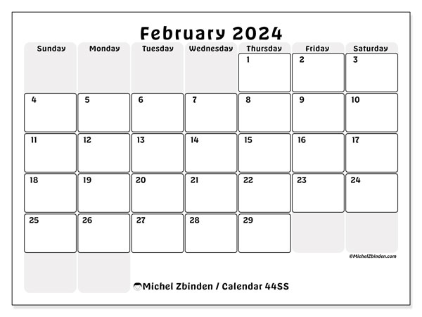 Calendar February 2024, 44SS. Free printable schedule.