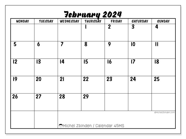 Printable calendar, February 2024, 45MS