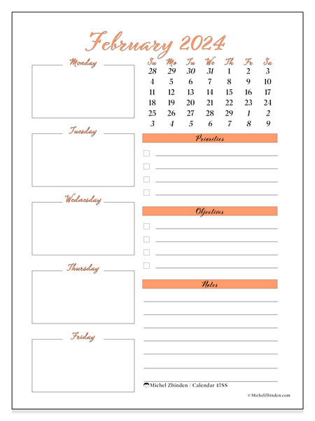 Calendar February 2024 “47”. Free printable plan.. Sunday to Saturday