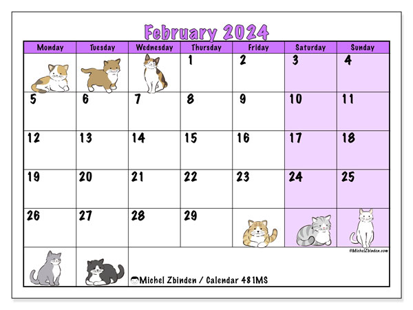 Printable calendar, February 2024, 481MS