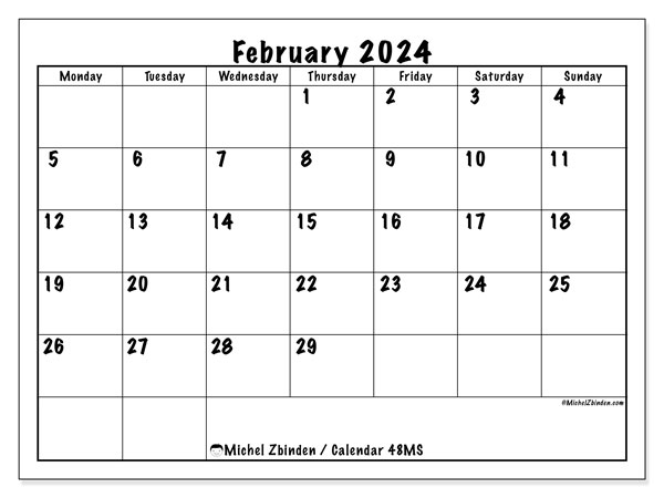 Calendar February 2024, 48SS. Free printable plan.