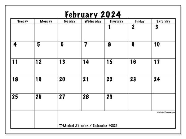 Calendar February 2024, 48SS. Free printable plan.