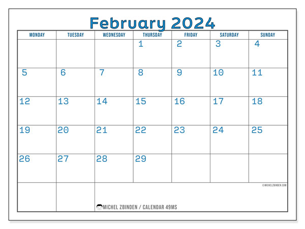 Calendar February 2024, 49SS. Free printable plan.