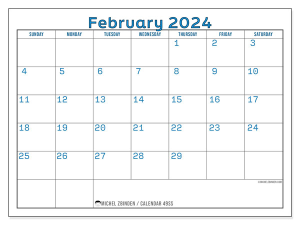Printable calendar, February 2024, 49SS