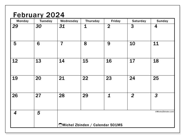 Calendar February 2024 “501”. Free printable program.. Monday to Sunday