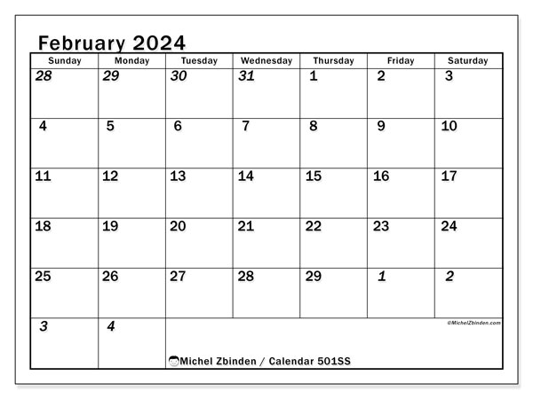 Calendar February 2024 “501”. Free printable program.. Sunday to Saturday