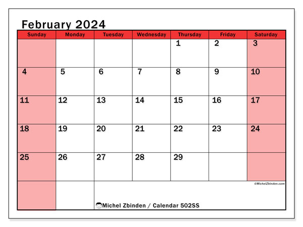 Calendar February 2024, 502SS. Free printable calendar.
