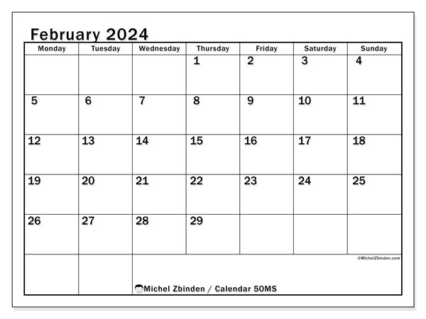 Calendar February 2024 “50”. Free printable program.. Monday to Sunday