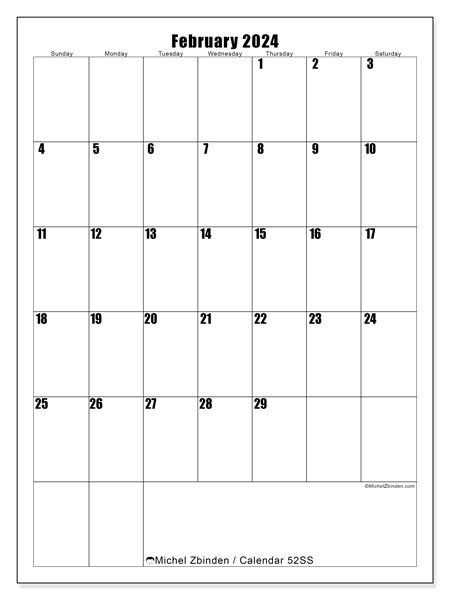 Calendar February 2024, 52SS. Free printable plan.