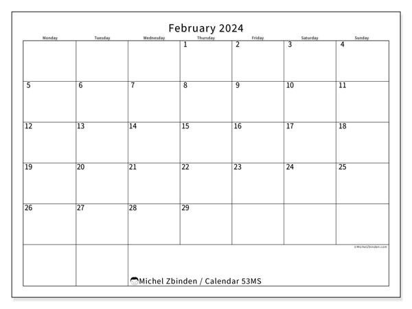Calendar February 2024, 53SS. Free printable schedule.