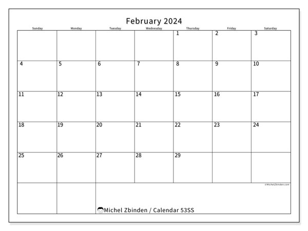 Calendar February 2024, 53SS. Free printable schedule.
