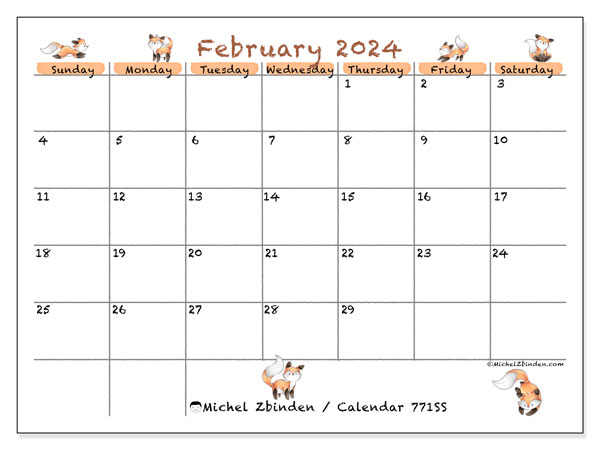 Calendar February 2024 “771”. Free printable calendar.. Sunday to Saturday