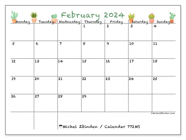 Calendar February 2024 “772”. Free printable schedule.. Monday to Sunday