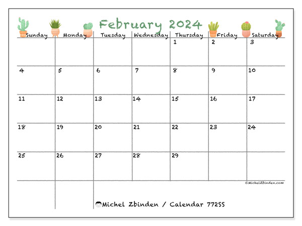 Printable calendar, February 2024, 772SS