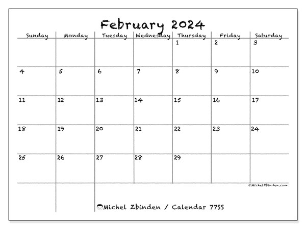 Calendar February 2024 “77”. Free printable schedule.. Sunday to Saturday