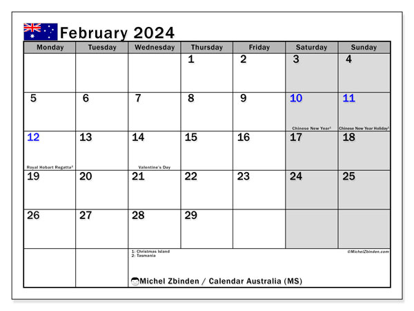 Kalender februari 2024, Australien (EN). Gratis karta som kan skrivas ut.