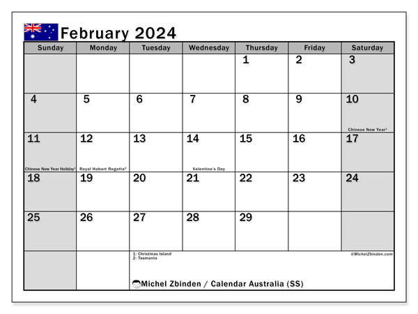 Kalender Februar 2024 “Australien”. Kalender zum Ausdrucken kostenlos.. Sonntag bis Samstag