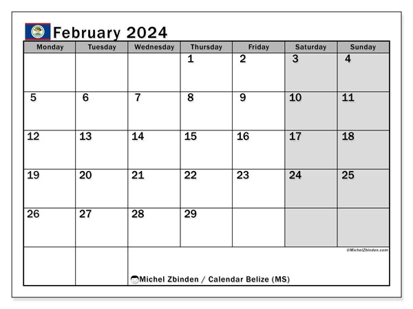 Calendar februarie 2024, Belize (EN). Plan pentru imprimare gratuit.