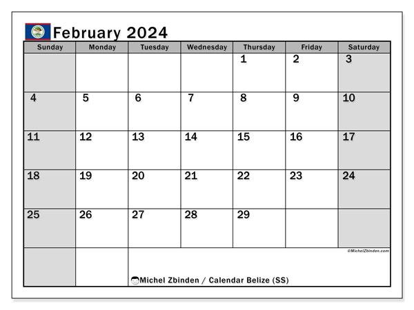 Kalender Februar 2024 “Belize”. Kalender zum Ausdrucken kostenlos.. Sonntag bis Samstag