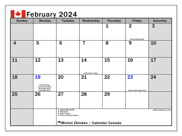 Kalender Februar 2024, Kanada (EN). Plan zum Ausdrucken kostenlos.
