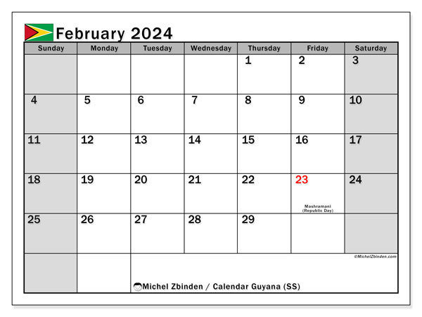 Kalender Februar 2024 “Guyana”. Plan zum Ausdrucken kostenlos.. Sonntag bis Samstag