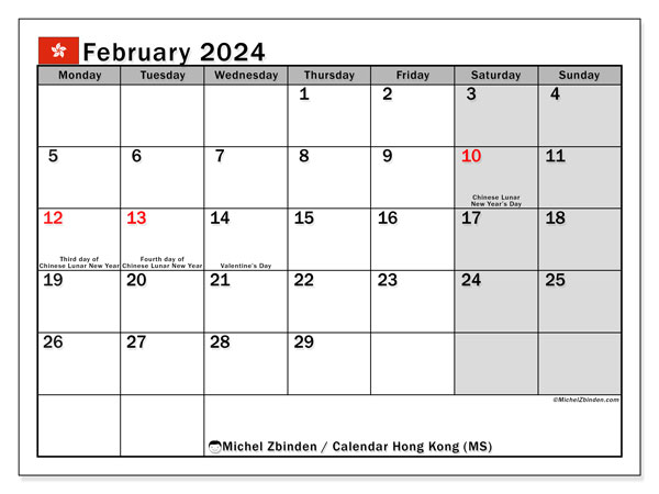 Calendar February 2024, Hong Kong (EN). Free printable program.