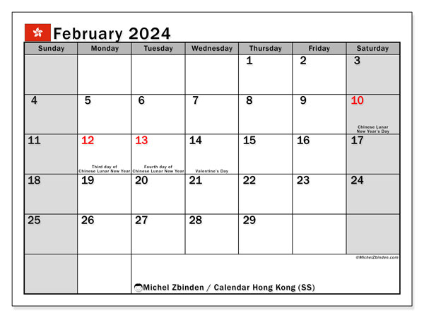 Kalender Februar 2024 “Hongkong”. Plan zum Ausdrucken kostenlos.. Sonntag bis Samstag