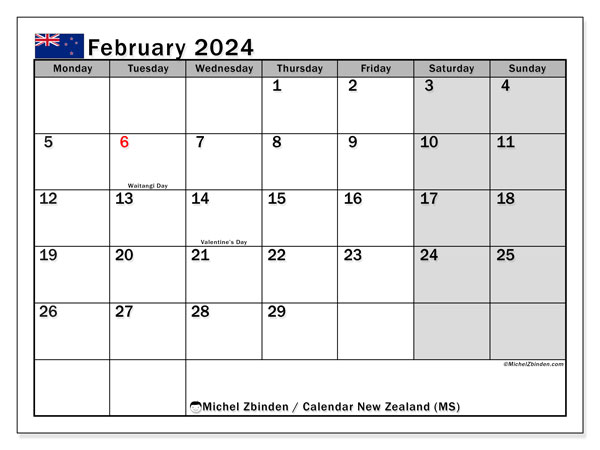 Calendario febbraio 2024, Nuova Zelanda (EN). Piano da stampare gratuito.