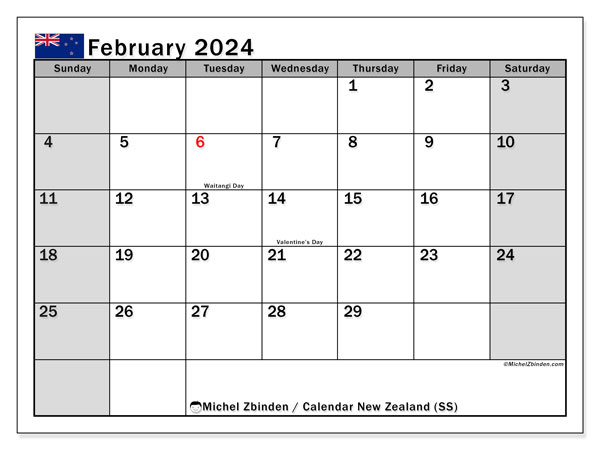 Kalender Februar 2024 “Neuseeland”. Plan zum Ausdrucken kostenlos.. Sonntag bis Samstag