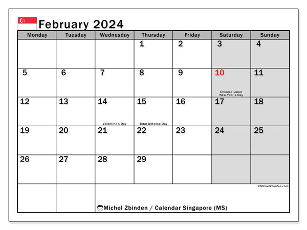 Singapore (MS), calendar February 2024, to print, free of charge.