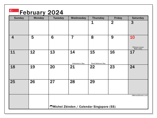 Calendário Fevereiro 2024, Singapura (EN). Programa gratuito para impressão.