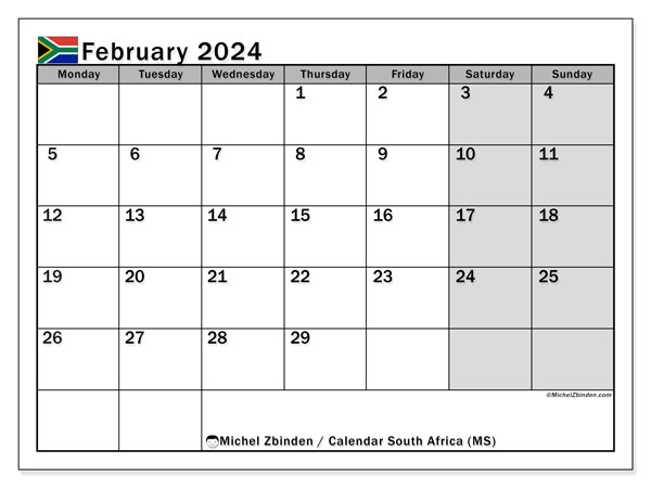 Kalender Februar 2024 “Südafrika”. Kalender zum Ausdrucken kostenlos.. Montag bis Sonntag