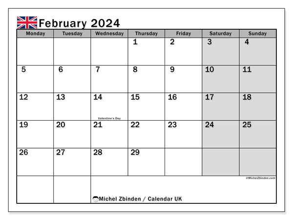 Kalender Februar 2024 “Vereinigtes Königreich”. Kalender zum Ausdrucken kostenlos.. Montag bis Sonntag