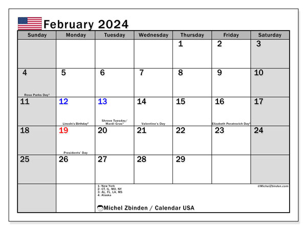 Kalender Februar 2024, USA (EN). Plan zum Ausdrucken kostenlos.