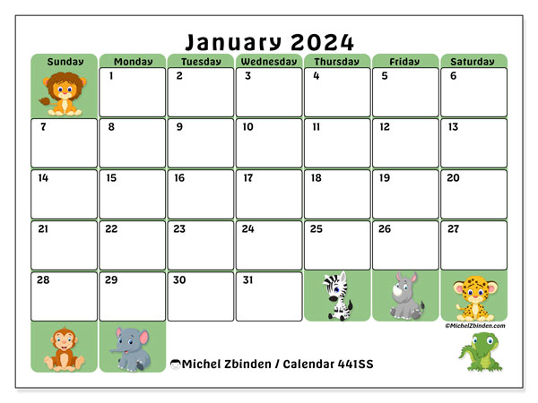 Calendar January 2024 “441”. Free printable plan.. Sunday to Saturday