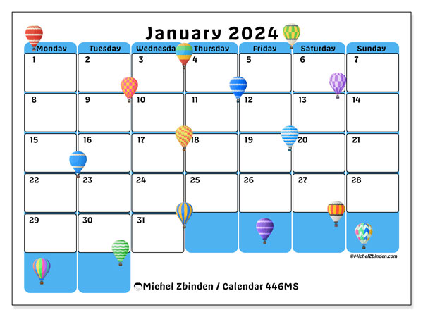 Calendar January 2024 “446”. Free printable schedule.. Monday to Sunday